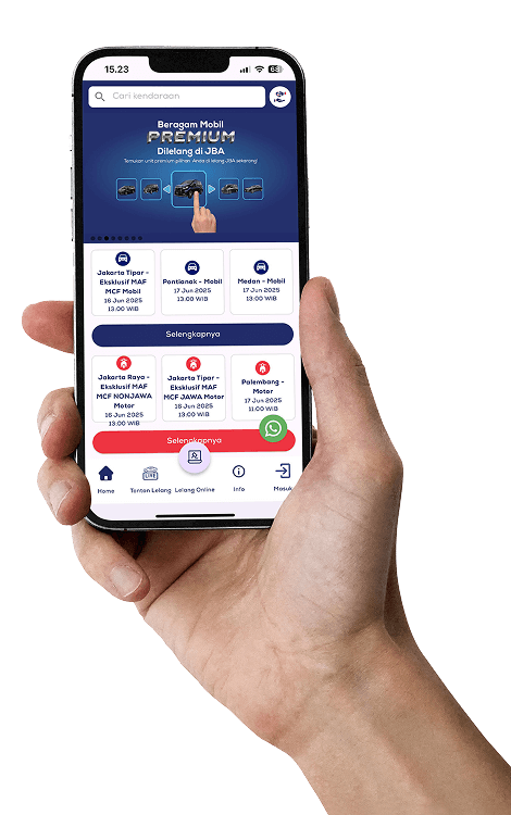 Hand holding phone displaying JBA app